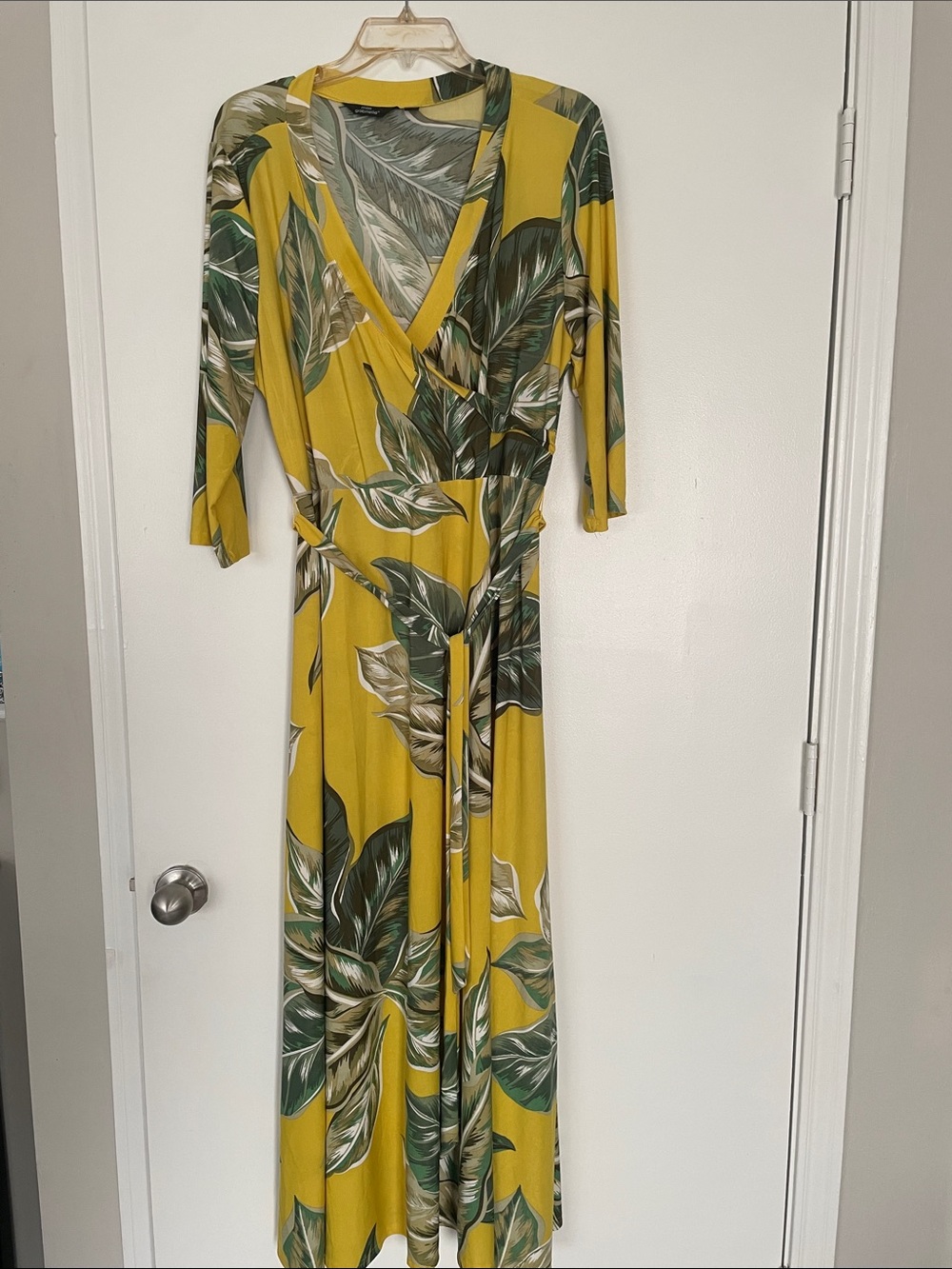 Mlle Gabrielle Yellow Wrap Maxi Dress with Green Leaf Print XL